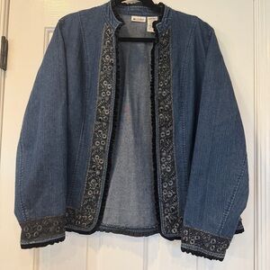 Embroidered Denim Jacket Boho Floral Open Front Cottagecore Large